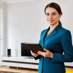 A professional female house manager, in a modest, elegant uniform, standing confidently in a bright, modern, and immaculately organized living room. The setting reflects an upscale domestic environment, potentially in a city like Lisbon or São Paulo. Subtle elements like a digital tablet for home management or a framed professional certification can be seen in the background. The image emphasizes competence, global standards, and the dignity of the profession. fully clothed, appropriate attire, safe for work, perfect anatomy, correct proportions, natural pose, well-formed hands, proper finger count, professional photography, high quality, appropriate content, modest, family-friendly.