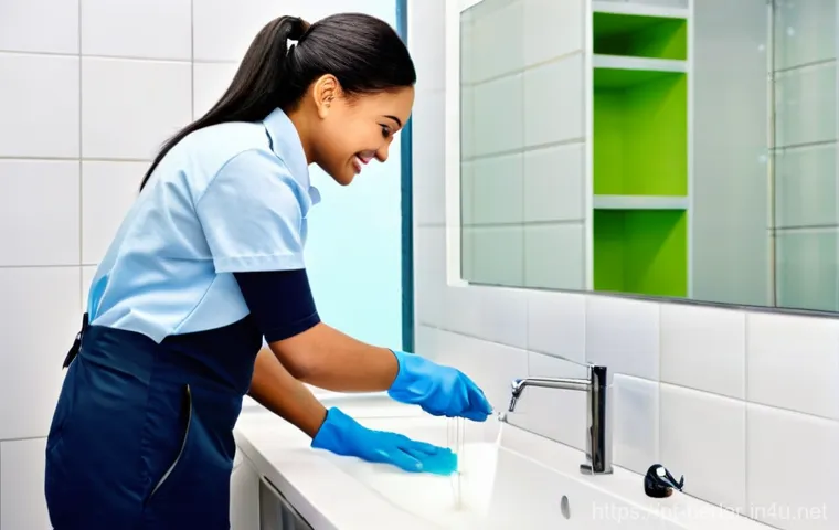 생활가사도우미 실기 시험 문제 유형과 팁 - **Prompt 1: Mastering Deep Cleaning in a Modern Bathroom**
A professional, smiling domestic work...