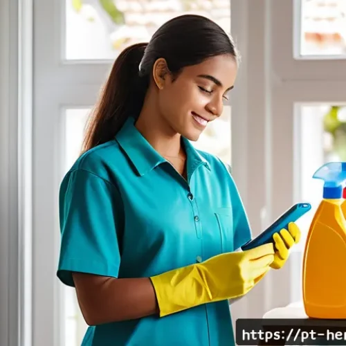 Home 32 가사도우미 실무에서 자주 쓰이는 도구와 활용법 - A modern domestic helper using a smartphone app like Google Keep or Todoist to organize daily cleani...
