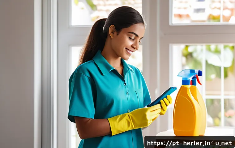 가사도우미 실무에서 자주 쓰이는 도구와 활용법 - A modern domestic helper using a smartphone app like Google Keep or Todoist to organize daily cleani...