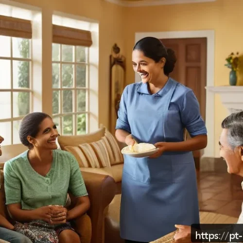 Home 17 가사도우미의 직무 만족도를 높이는 방법 - A warm and inviting domestic scene featuring a cheerful Latina housekeeper in modest, professional a...