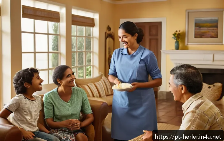 가사도우미의 직무 만족도를 높이는 방법 - A warm and inviting domestic scene featuring a cheerful Latina housekeeper in modest, professional a...